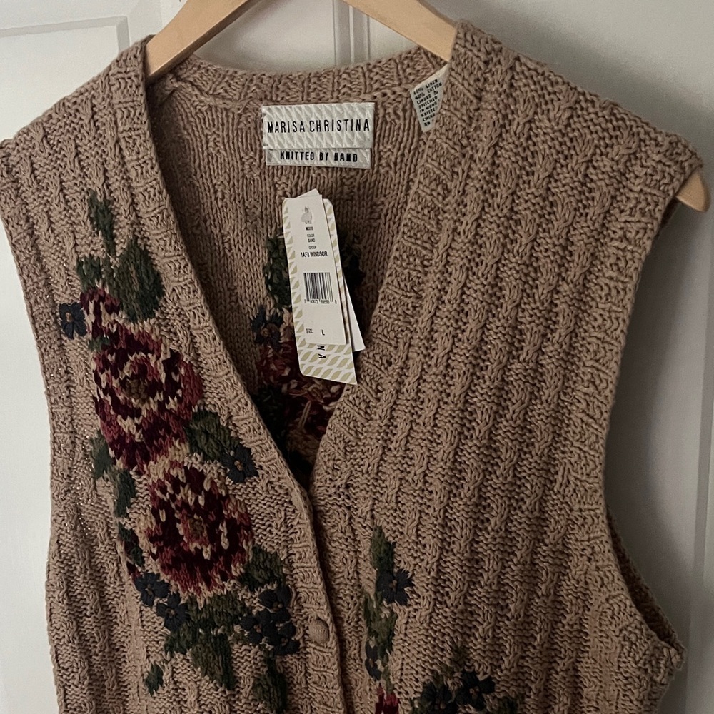 NWT Marisa Christina Hand Knit Linen Cotton Beige Floral Knit Vest Sz Large - Picture 2 of 9